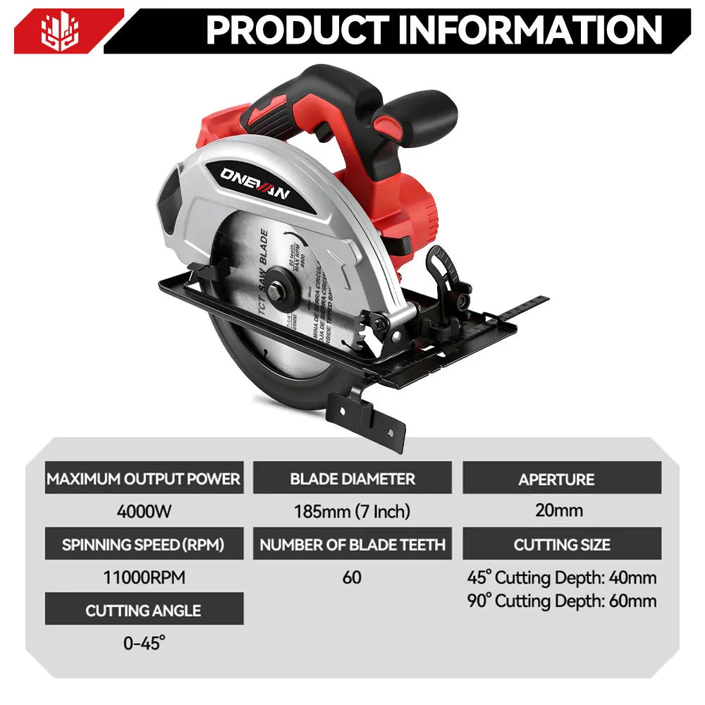 ONEVAN 4000W Brushless Electric Circular Saw 7Inch Cordless Rechargeable Portable Cutting Wood Power Tool For Makita Battery Pin