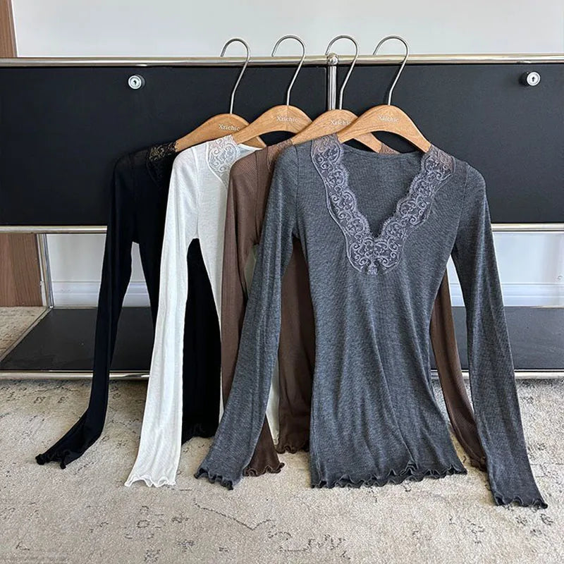 Sexy Low-Cut Lace Trim V-Neck T Shirts Women Spring New Skinny Elasticity Thin Ribbed Tees Korean Fashion Y2K Long Sleeve Tops
