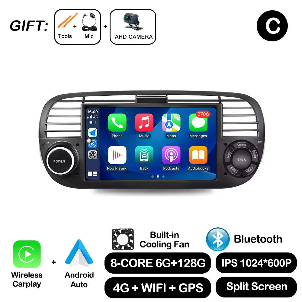 7" Car Stereo with Apple CarPlay & Android Auto, Compatible with Fiat 500 (2007-2015)