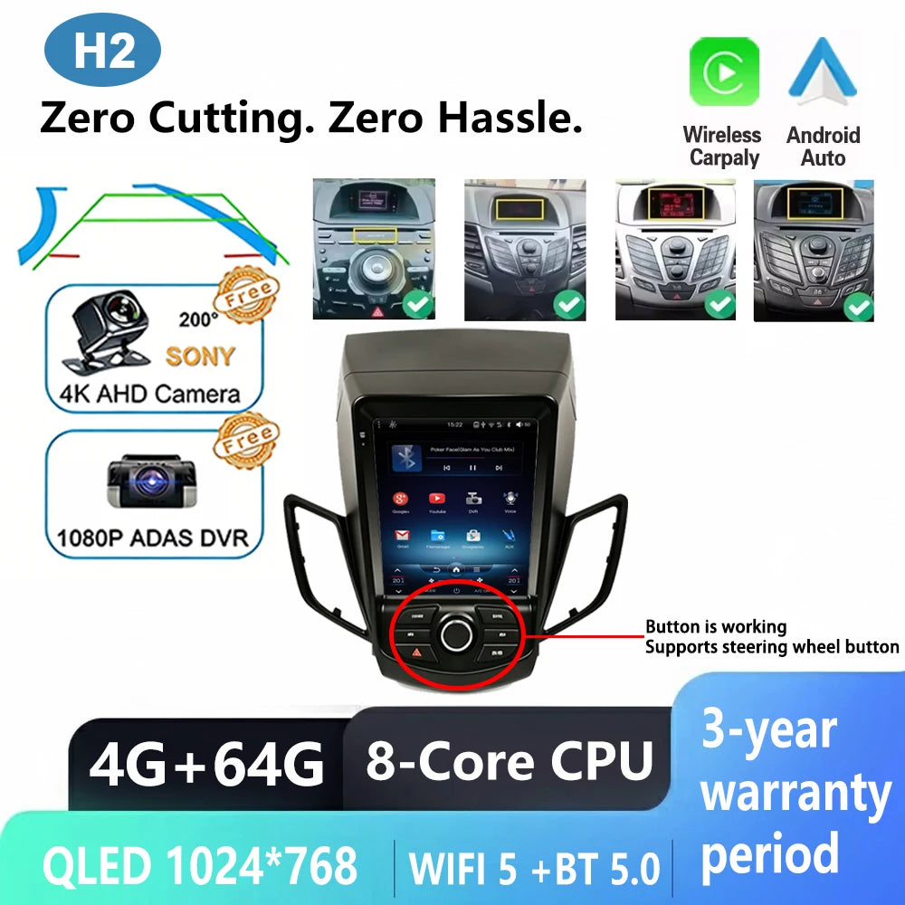 9.7" Car Stereo with Apple CarPlay & Android Auto, Compatible with Ford Fiesta MK6 & MK7