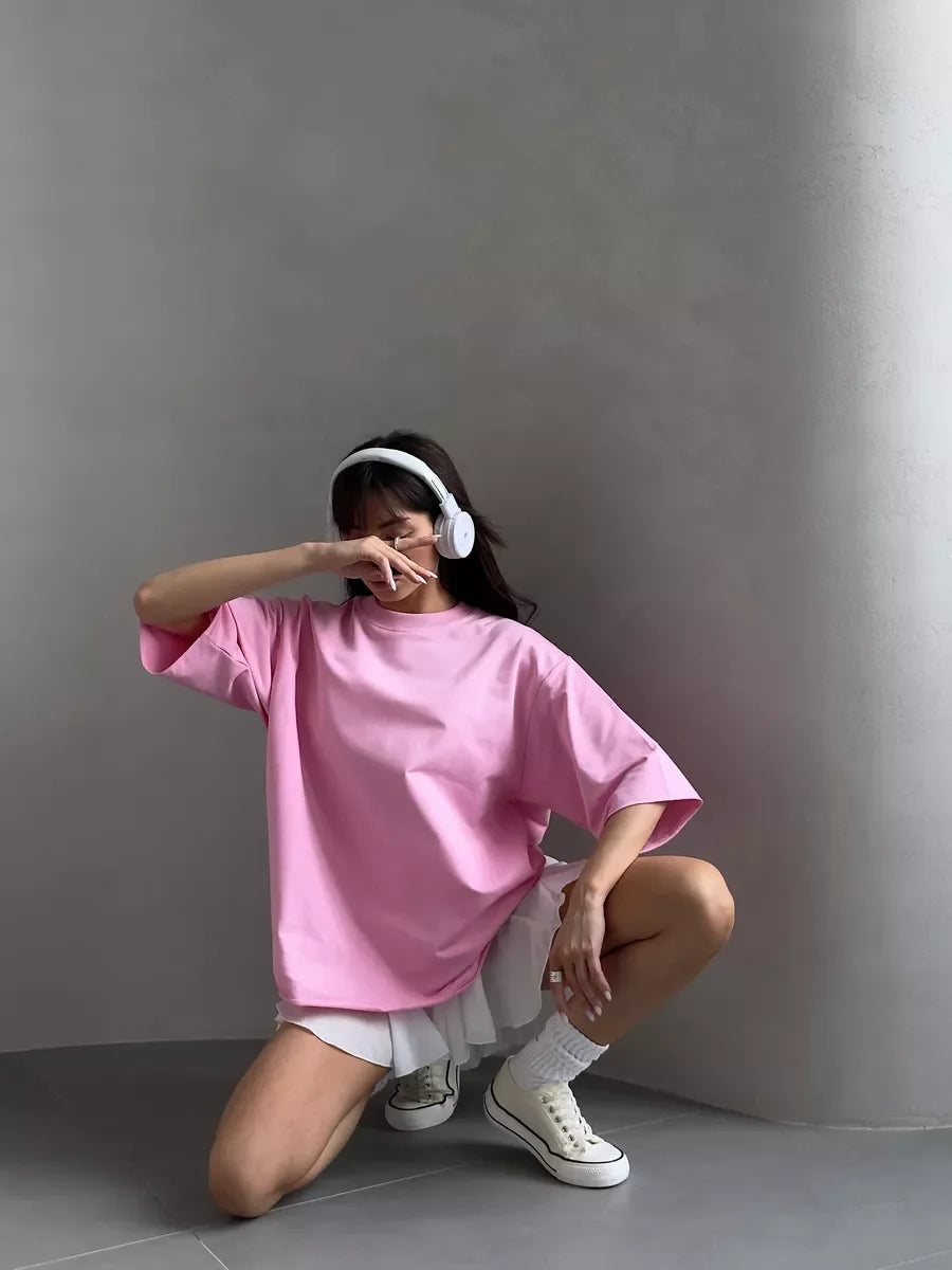Hirsionsan Summer Casual Oversized T-shirts Women 100% Cotton Pink Loose Tees 2026 New Cusual Solid O Neck Female Aesthetic Tops