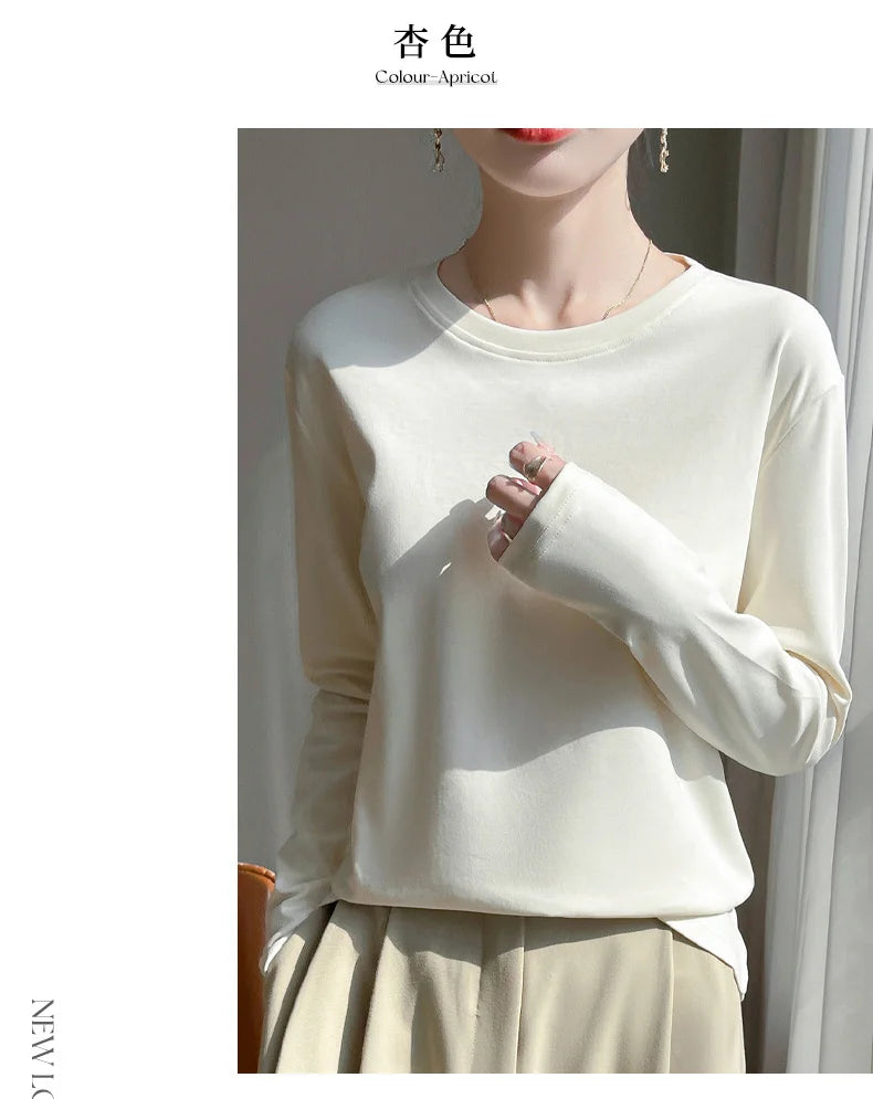 Spring And Summer New Mercerized Cotton Long Sleeve T-shirt Women's Round Neck Loose 100% Cotton Bottoming T-shirt