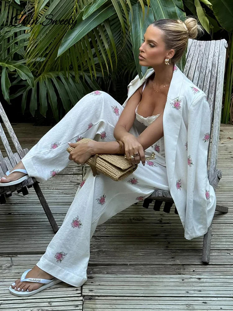 Floral 3-Piece Set — Corset, Lapel Blazer & Straight Pants