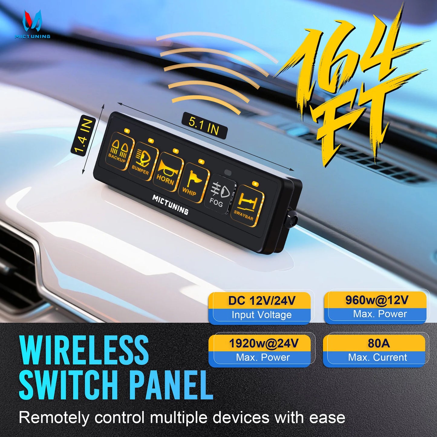 MICTUNING Wireless Switch Panel - 12V 60A/80A, 4 Control Modes