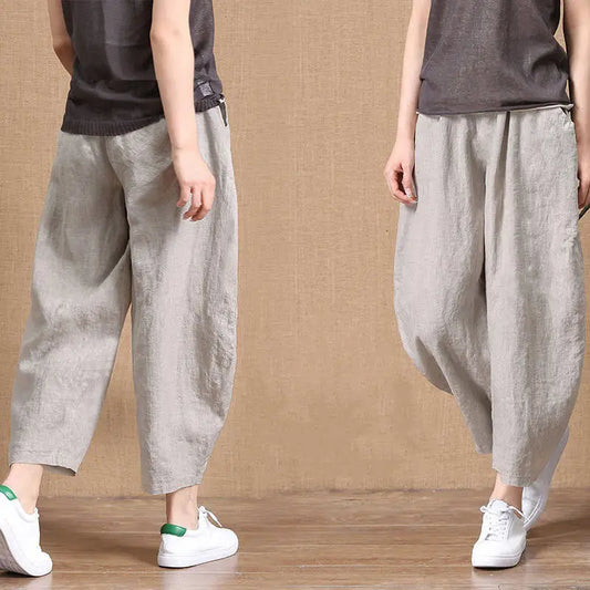 Loose Wide Leg Cotton Linen Pants High Waist Nine Points Women's plus Size Summer New Sle Casual Trousers Versatile Loose Fit