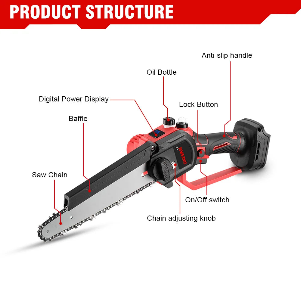 ONEVAN 4500W 8 Inch Brushless Electric Saw Chainsaw With Oil Spray Rechargeable 45000RPM Woodworking Tool For Makita Battery Pin