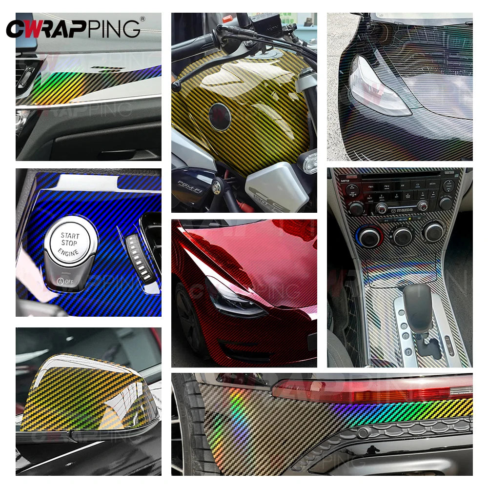 Laser Rainbow Carbon Fiber Stickers Gloss Car Vinyl Wrap Film Air Release Bubble Free Waterproof Sticker Tunning Car Accessories