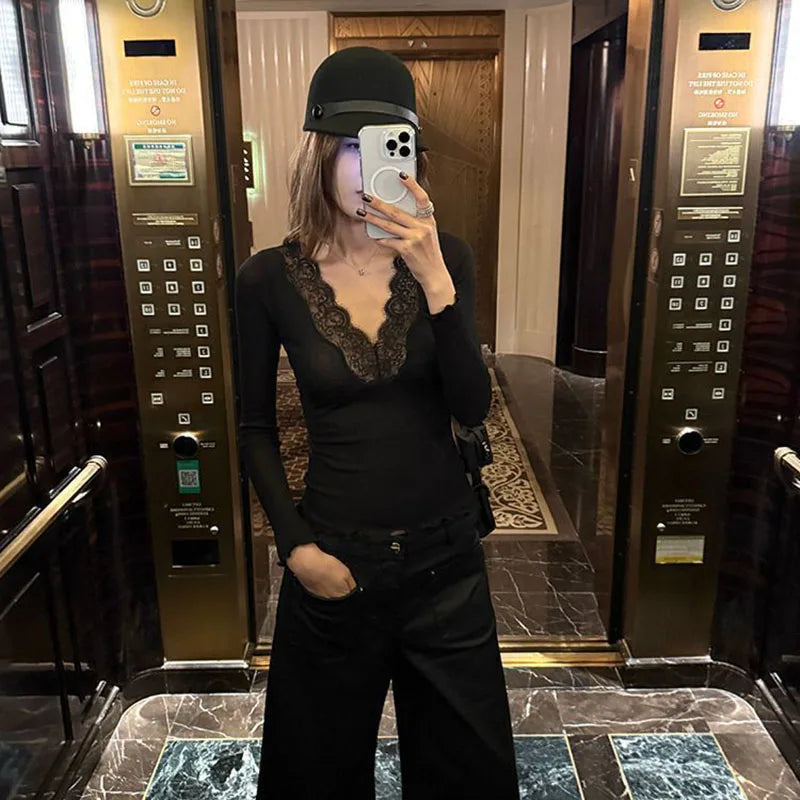 Sexy Low-Cut Lace Trim V-Neck T Shirts Women Spring New Skinny Elasticity Thin Ribbed Tees Korean Fashion Y2K Long Sleeve Tops