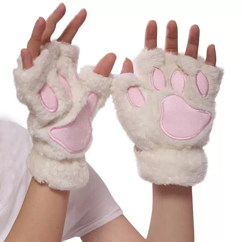 Women's Cat Paw Plush Mittens, Fingerless