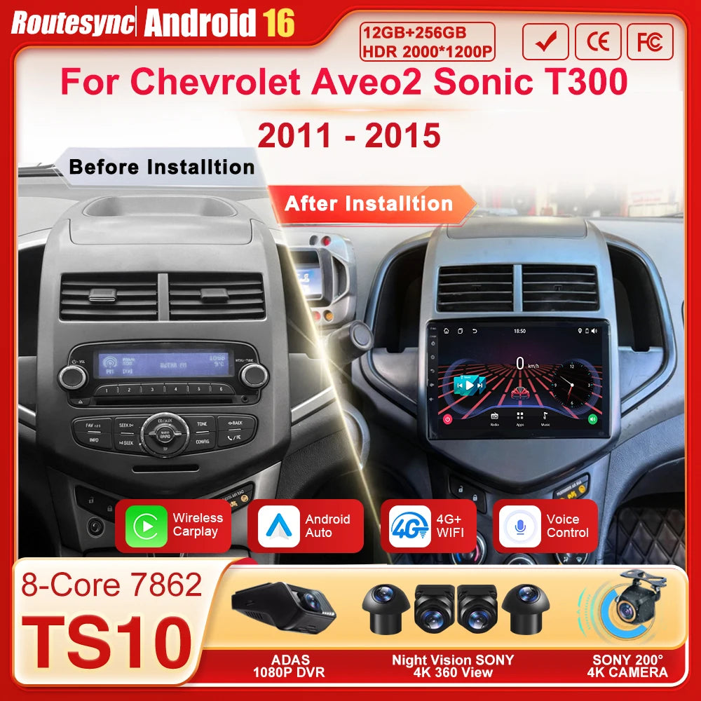 2din Carplay Auto For Chevrolet Aveo2 Sonic T300 2011-2015 Android 15 8 Core Car Radio Multimedia Radio Player GPS Navigation BT