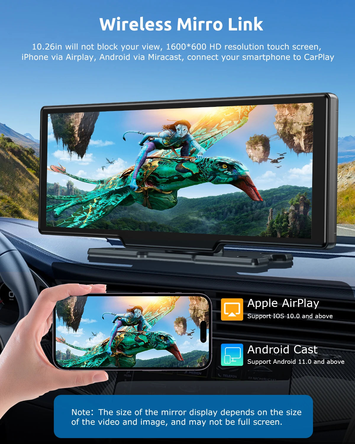 ESSGOO 10.26"4K 64G Portable Touch Screen Wireless Bluetooth Stereo CarPlay Android Auto Card Dual Lens Car Dash Cam FM AUX WIFI