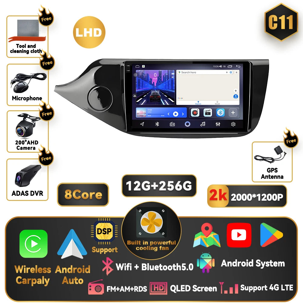 Android 15 Carplay For Kia CEED 2 JD 2012 - 2018 Car Radio Stereo Multimidia Player GPS Bluetooth DSP 2din Stereo QLED Screen