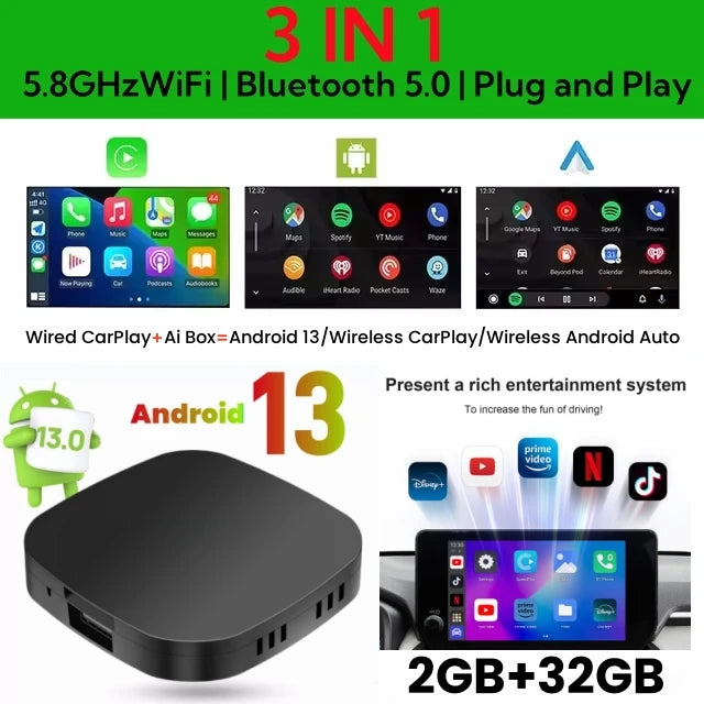 Android 13 CarPlay AI Box — Wireless CarPlay & Android Auto Adapter with Streaming App Support