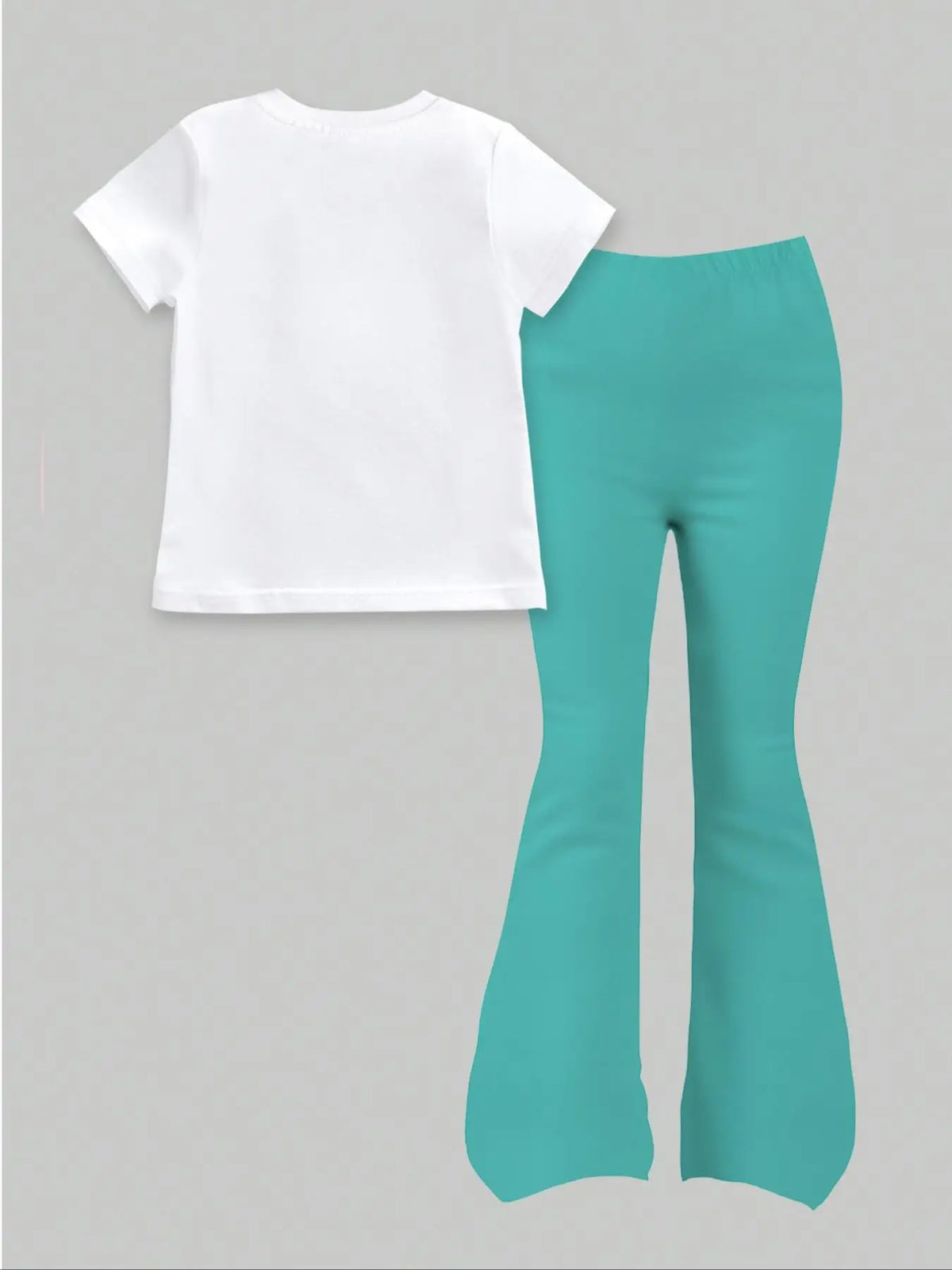 Fresh Mint Green Short-Sleeve Letter-Number Outfit for Girls Aged 4-12, with White Short-Sleeve Top and Mint Green "67 Six Seven" Letter-Number Print on Bell-Bottom Pants