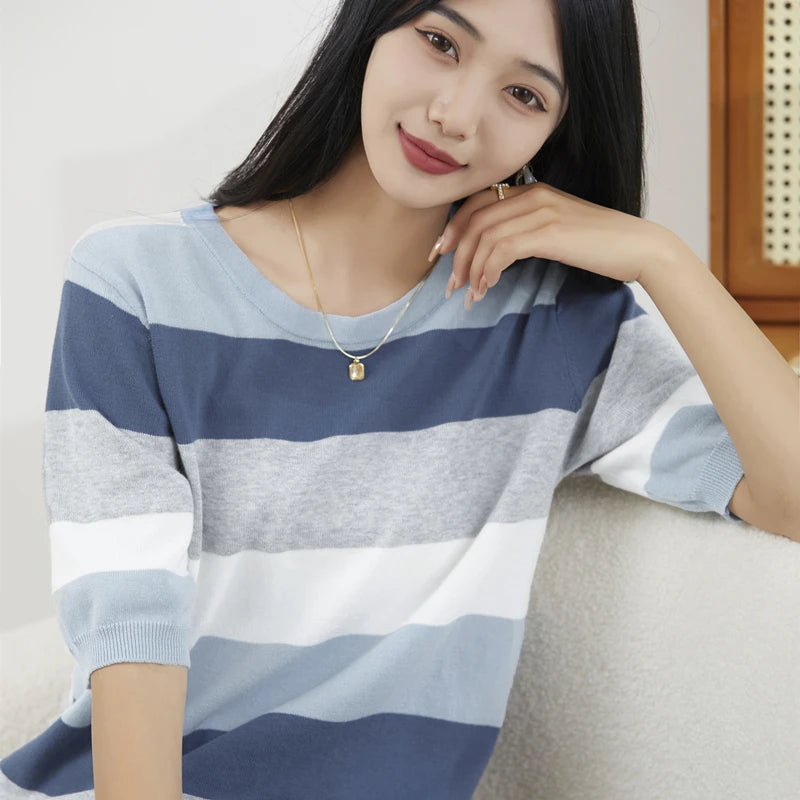 Pure Cotton Hollow Short-Sleeved Ladies Spring And Summer Loose Slim New Joker Knit Bottoming T-Shirt