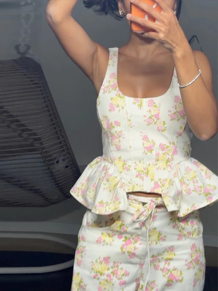 Ruffle Floral Top & Lace-Up Pants Set — Women's 2-Piece