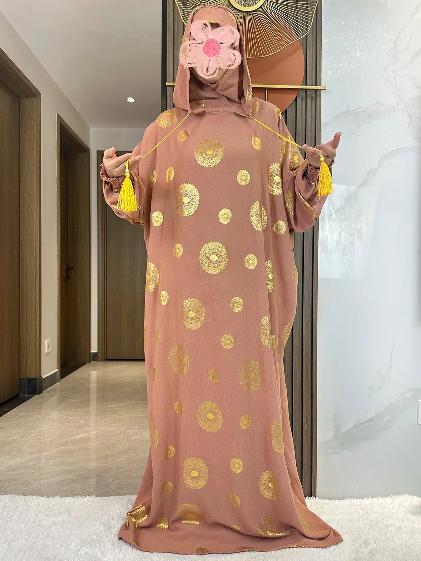 Women's Cotton Embroidered Abaya Kaftan – Gold Dust Shimmer, Loose Fit, All-Season Muslim Dress