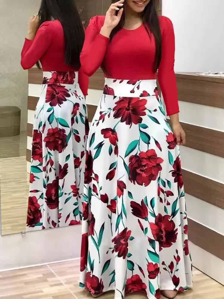 2025 European and American style flower print color matching short sleeved dress for women's large swing skirt