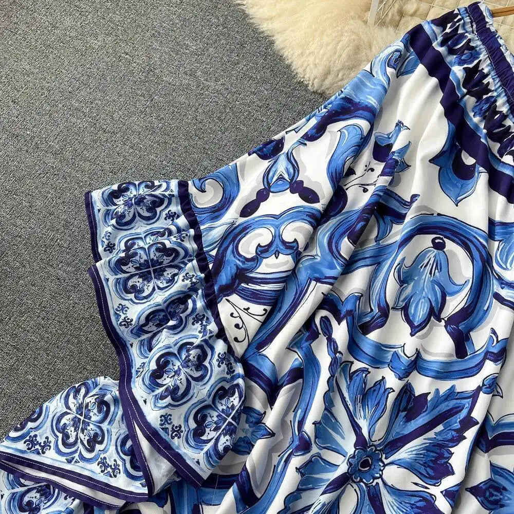 Summer Long Dress Women Runway Blue And White Porcelain Asymmetry Sexy Off The Shoulder Ruffles Hem Loose Robe Maxi Vestidos