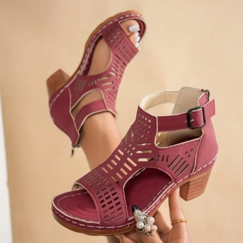 Roman Block-Heel Sandals for Women — Breathable Hollow-Out Retro Summer Heels