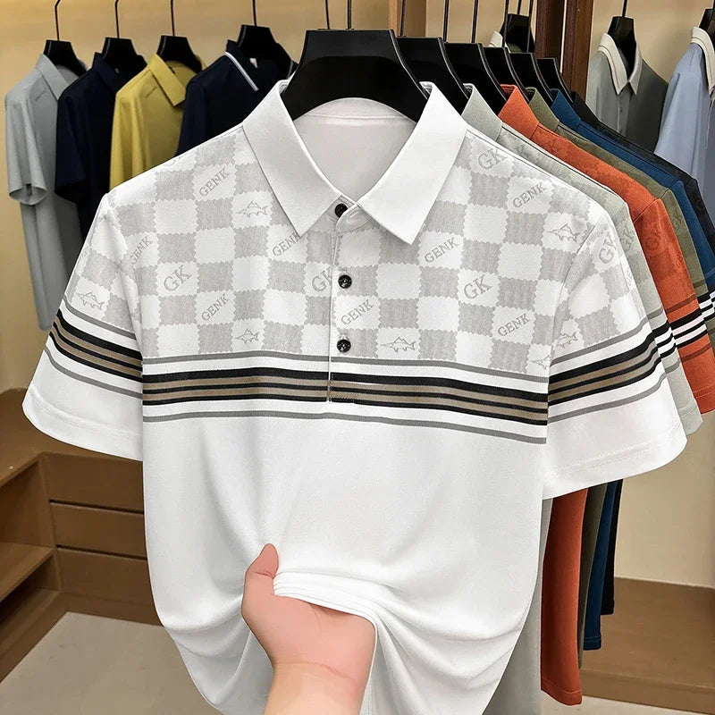 Men's Lattice-Print Lapel Polo - Soft Stretch, Sweat-Proof Summer