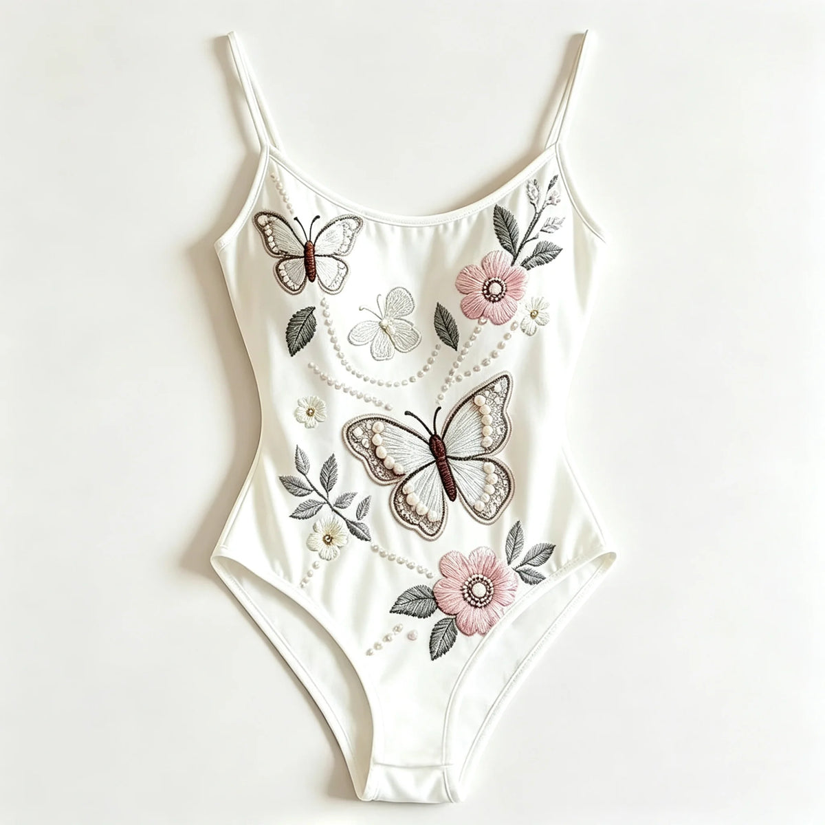 White Butterfly Floral Embroidery Bodysuit Women Spaghetti Strap Ballet Dancewear