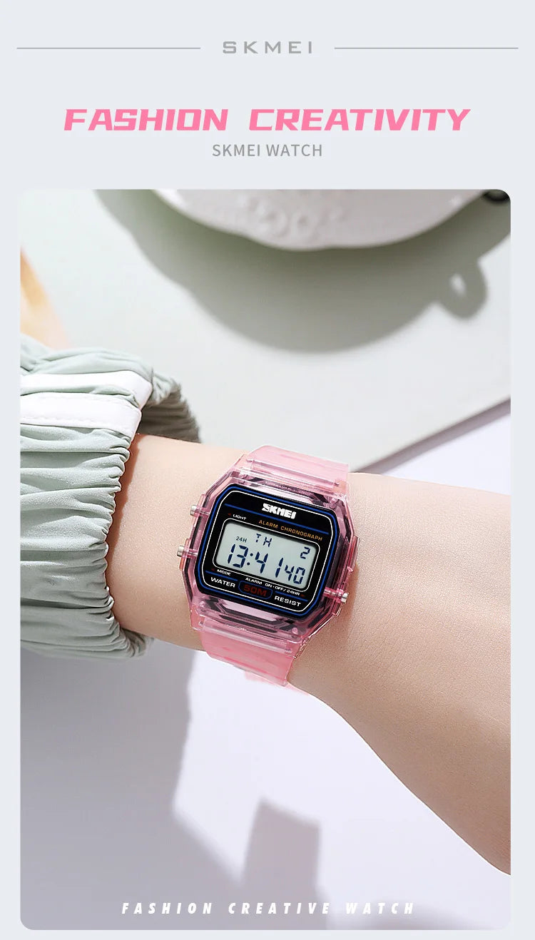 Skmei Women Digital Watches Fashion Transparent Case TPU Strap Led Waterproof Swimming Sports Wristwatch Female Alarm Clock