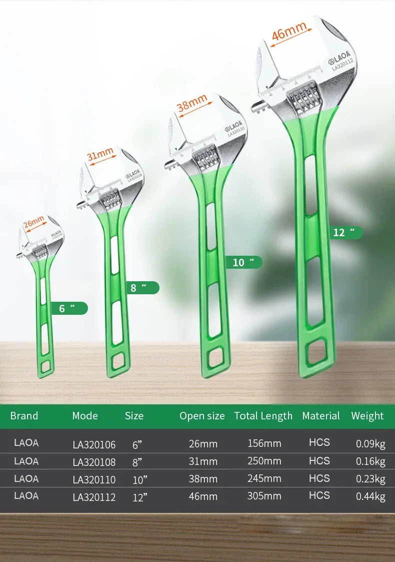 LAOA Short Handle Wrench Adjustable Light Weight Large Open Spanner 6" 8" 10" 12" Repair Tool