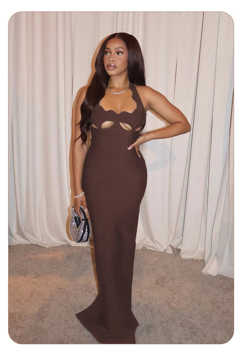 VC Black Halter Elegant Dress For Women 2026 New Summer Evening Party Celebrity Bodycon Long Dress Red Brown Prom Vestido