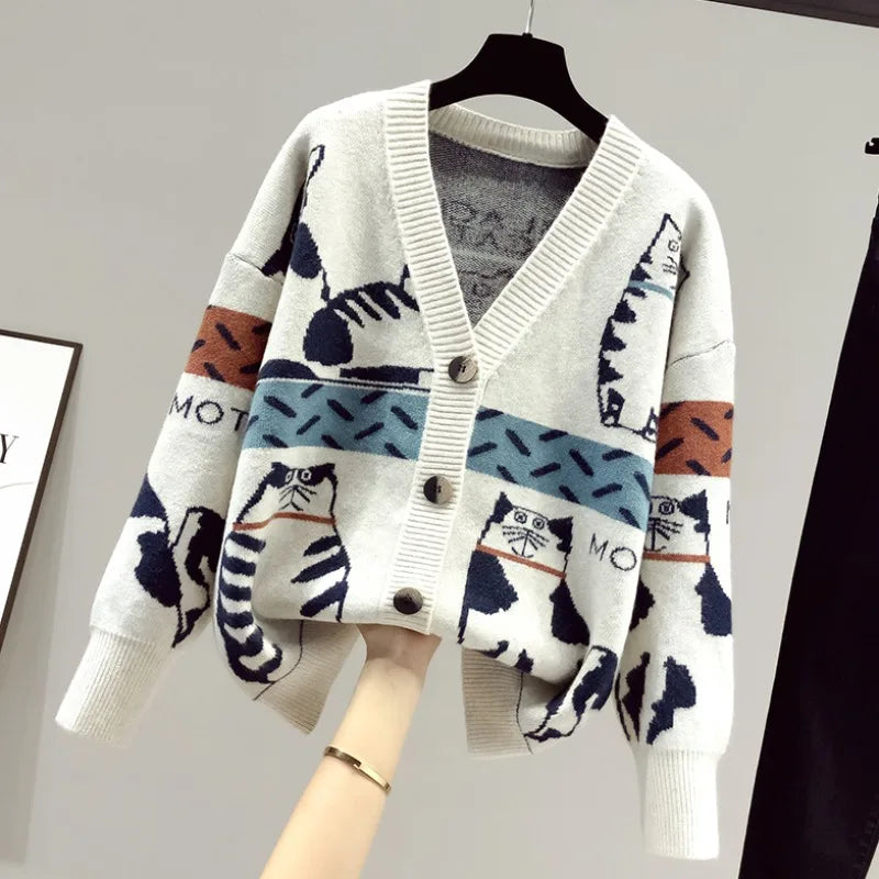 Women Cardigan Sweater Spring Autumn Long Sleeve V-Neck Wild Knitted Jacket Female Cartoon Printing Thick Sweater Cardigan Coat