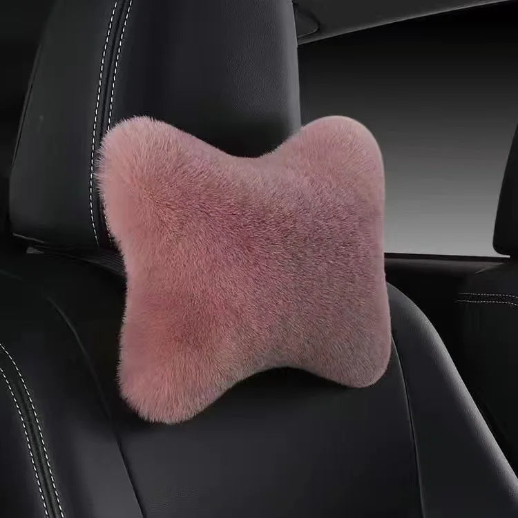 1pc Car Headrest Lumbar Pillow - Soft Imitation Rabbit Plush Comfort Cushion for All Seasons, Ergonomic Driver Support Headrest
