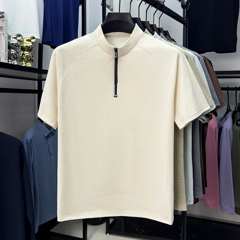 Men's Half-Zip Mandarin Tee - Cool-Touch Raglan, Breathable Knit