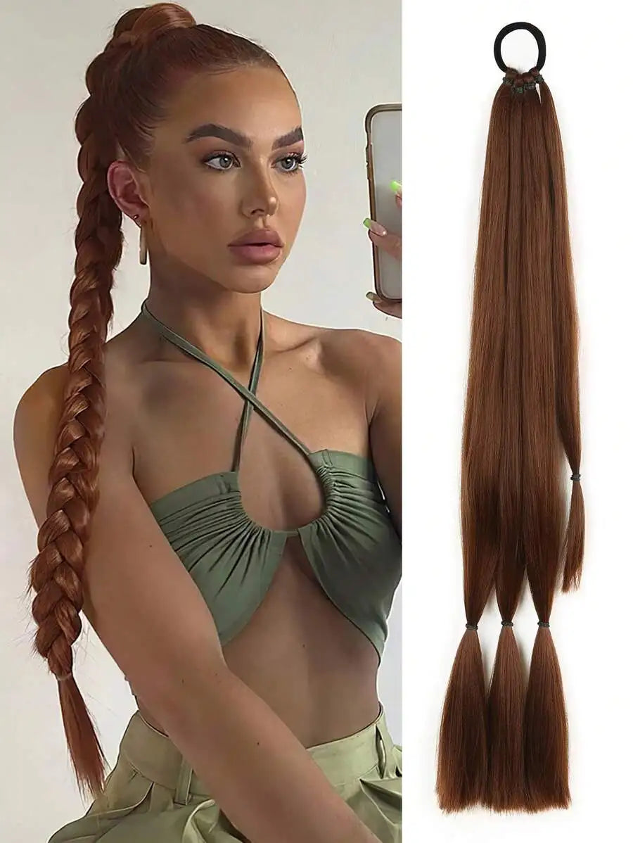 Long Braided Ponytail Hair Extensions With Hair Tie, Straight Wrap-Around Synthetic Hair, Natural Soft
