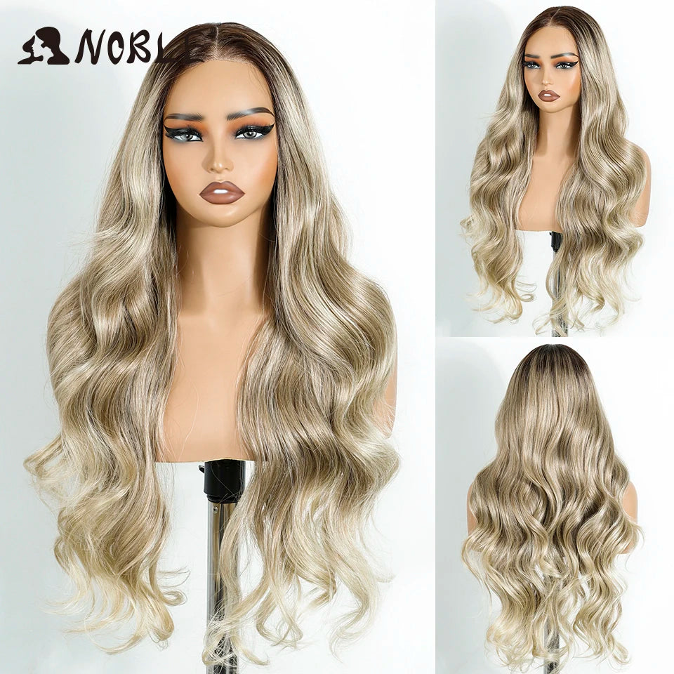 Noble Synthetic Lace Front Wigs For Woman Long Body Wave Wear and Go Glueless Wig Ombre Brown 6x4 Pre Plucked Pre Cut Lace Wig