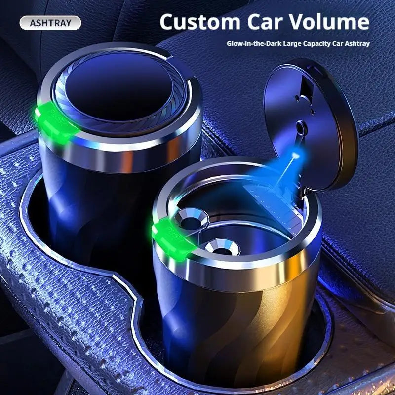 Portable Car Ashtray with LED Light Metal Liner Auto Ash Tray Large Capacity One-Click Open Interior Accessories