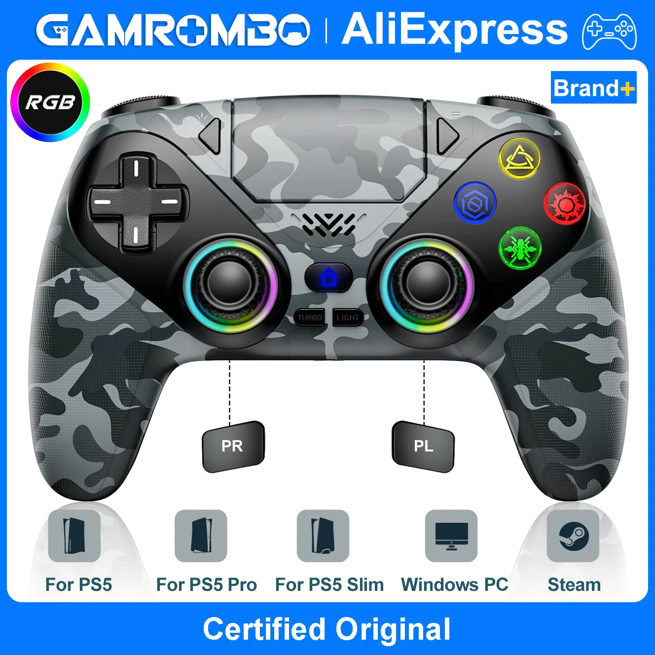RGB Wireless Controller for Playstation5/PS5 Pro/Slim/PC,Dual Vibration Marco/Turbo Func Gamepads 3.5mm Audio Jack Game Joystick