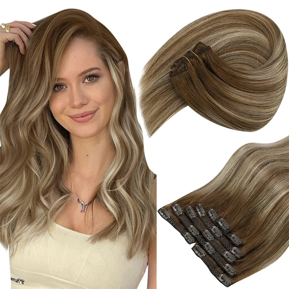 VeSunny Clip in Hair Extension Human Hair Balayage Natural Human Hair Extension Human Hair Clip Extension for Women