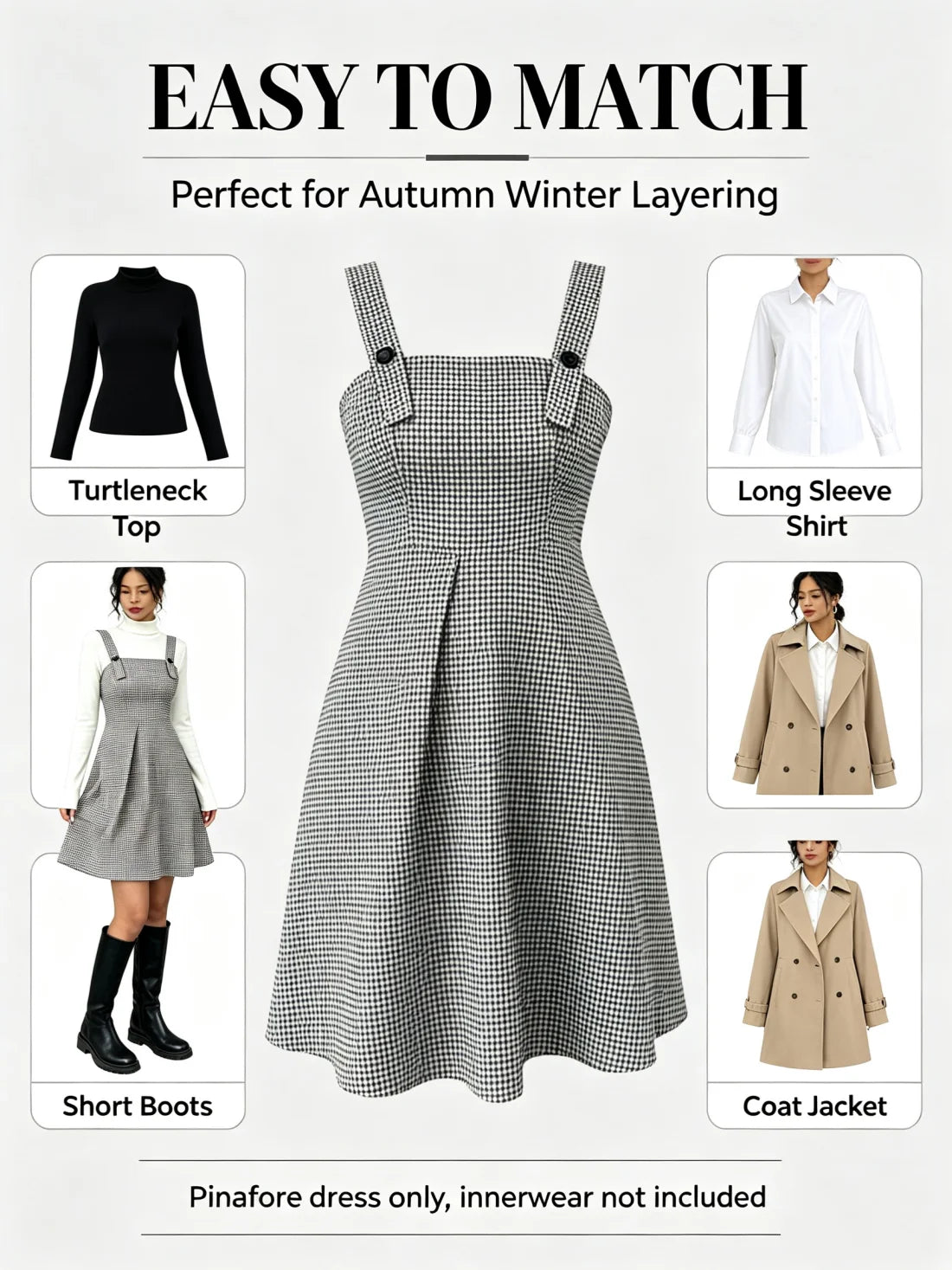 Women Vintage Houndstooth Pinafore Dress High Waist A-Line Mini Dress Adjustable Button Strap Sleeveless Suspender Skirt