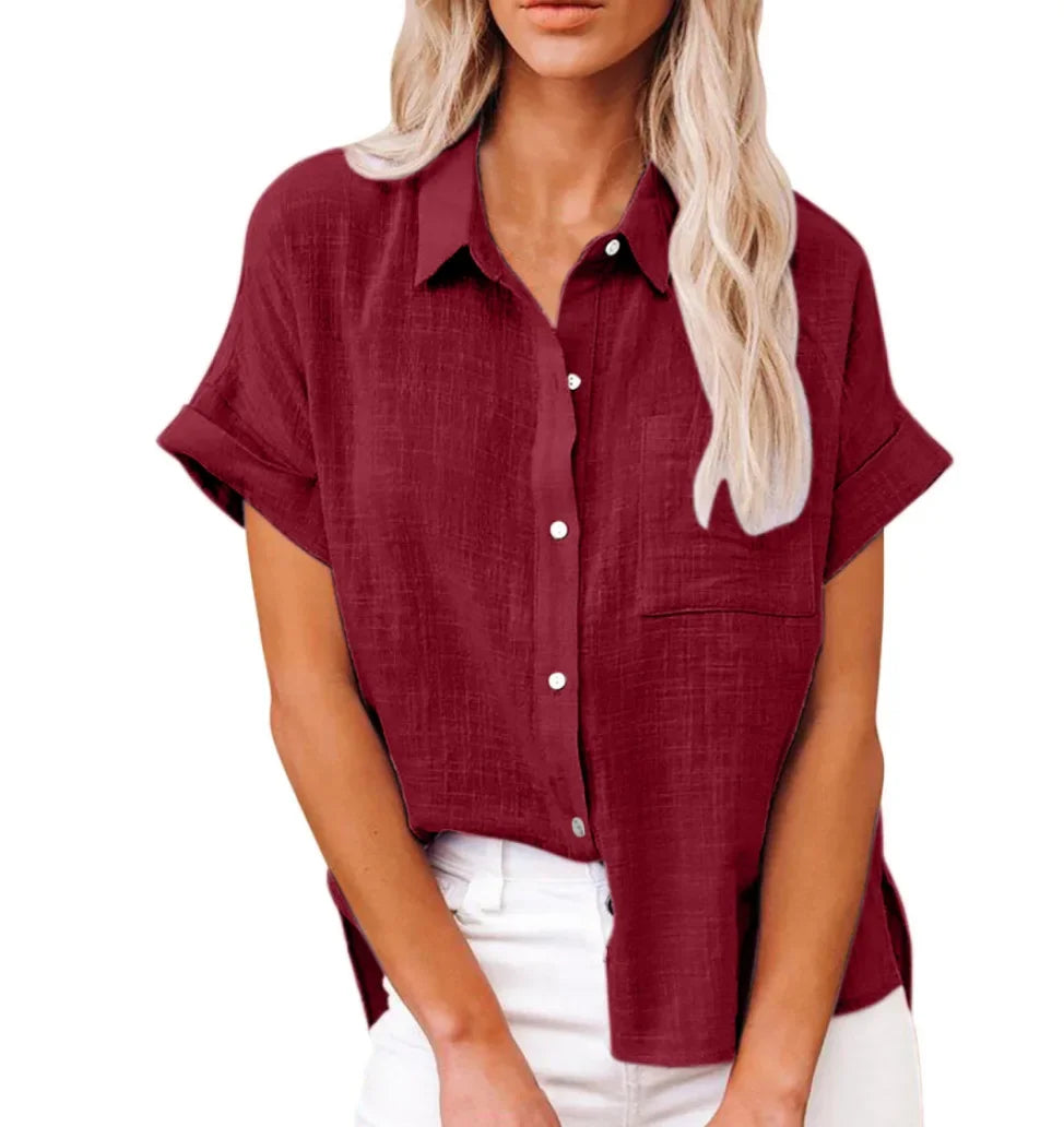 Women's Cotton-Linen Blouse — Loose Short-Sleeve Casual Summer Top