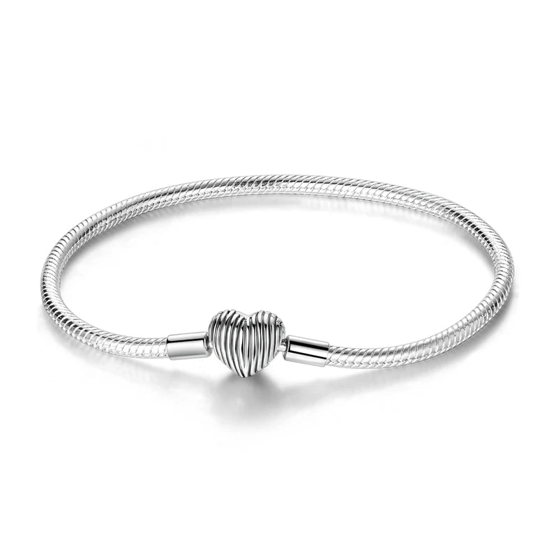 925 Sterling Silver Heart Charm Bracelet for Women - DIY Beads