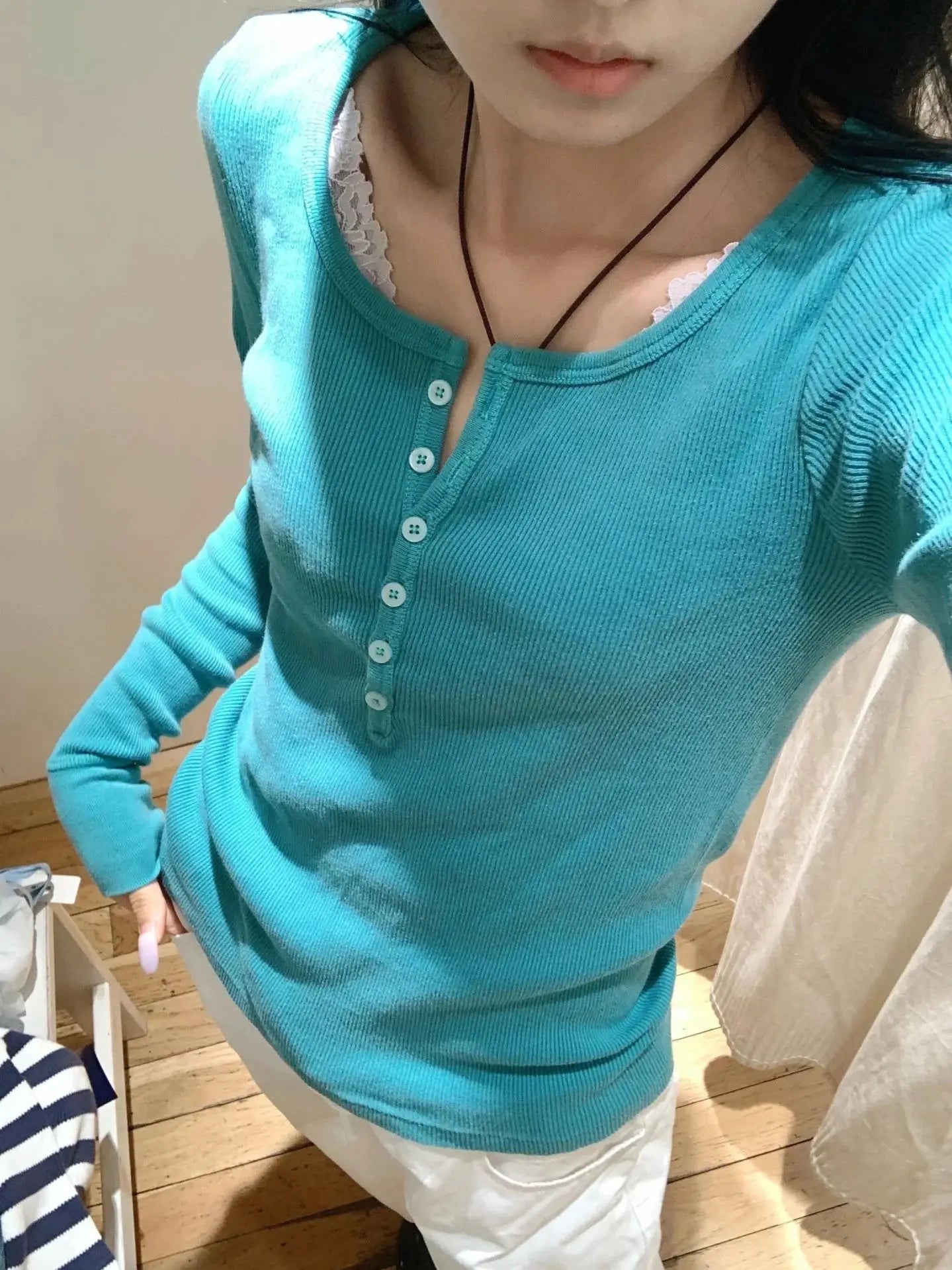 Women's Ribbed Long-Sleeve Top — Six-Button Slim Round-Neck Y2K Tee