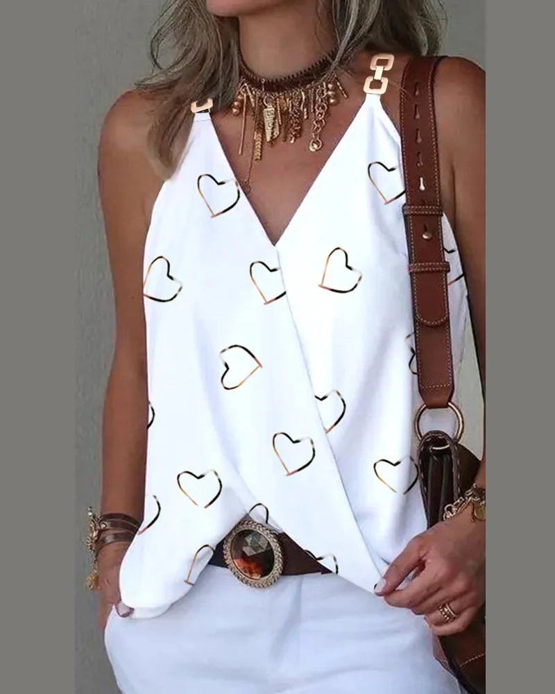 Women's Blouse White Shirts & Blouses Print Sleeveless Tops Loose V Neck Pulovers Summer Youthful Woman Clothes 2026 New