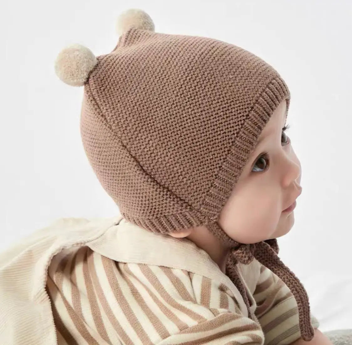 Baby Pom Pom Crochet Bonnet - Ear Covering Winter Pullover Cap - photo 2