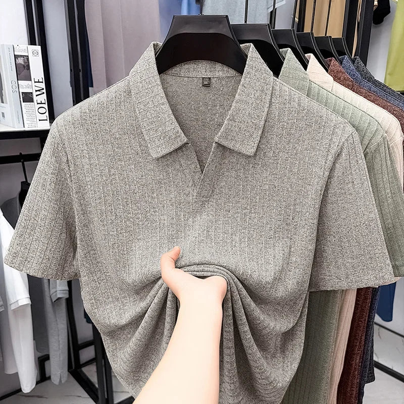 Men's Ribbed Lapel Polo - Soft Stretch, All-Season Casual