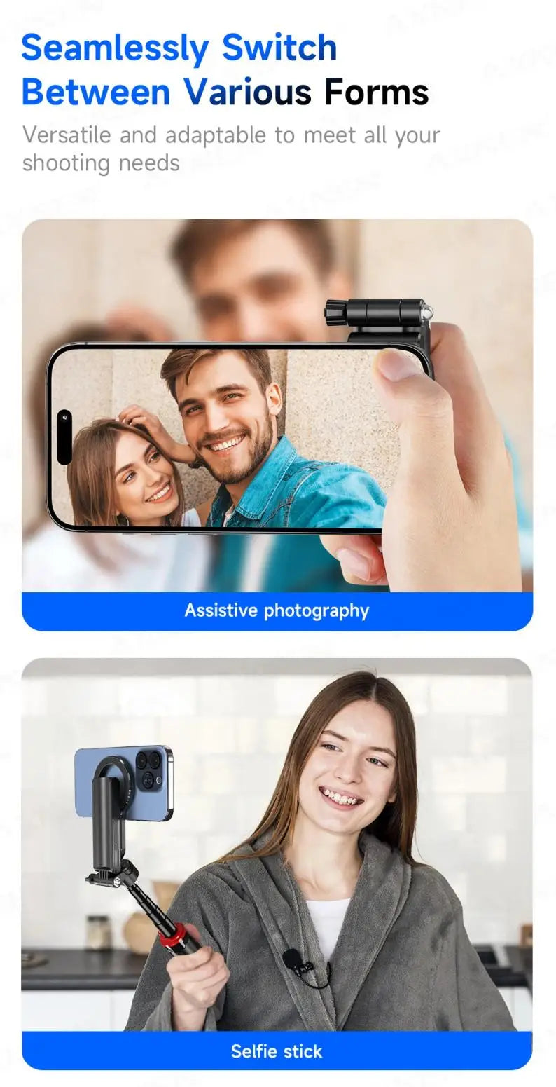 Mini Magnetic Selfie Stick Tripod Removable Remote Control Quadrapod Holder 360° Rotation for iPhone 16 15 14 13 12 Vlog Live