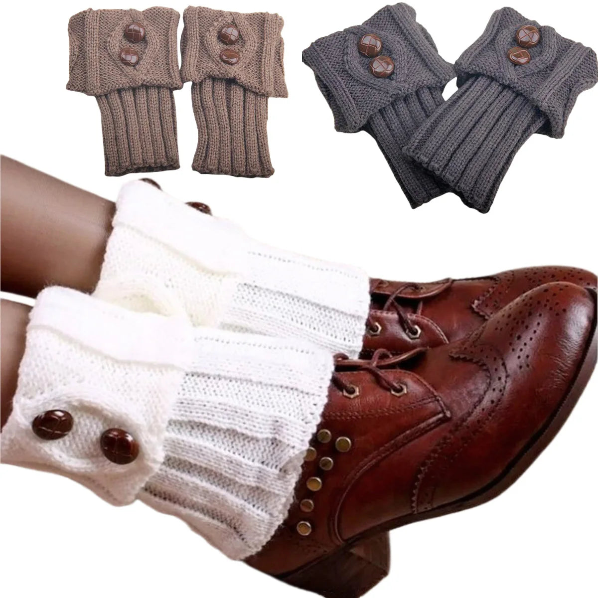 Women's Knit Boot Cuffs, Short Leg Warmers with Buttons