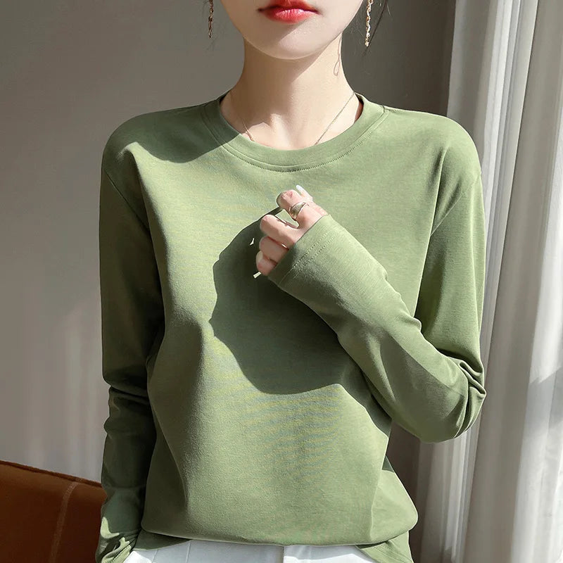 Spring And Summer New Mercerized Cotton Long Sleeve T-shirt Women's Round Neck Loose 100% Cotton Bottoming T-shirt