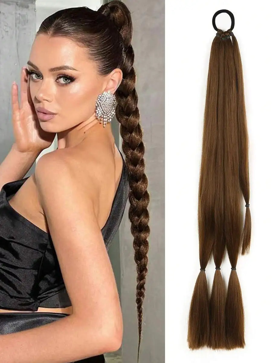 Long Braided Ponytail Hair Extensions With Hair Tie, Straight Wrap-Around Synthetic Hair, Natural Soft