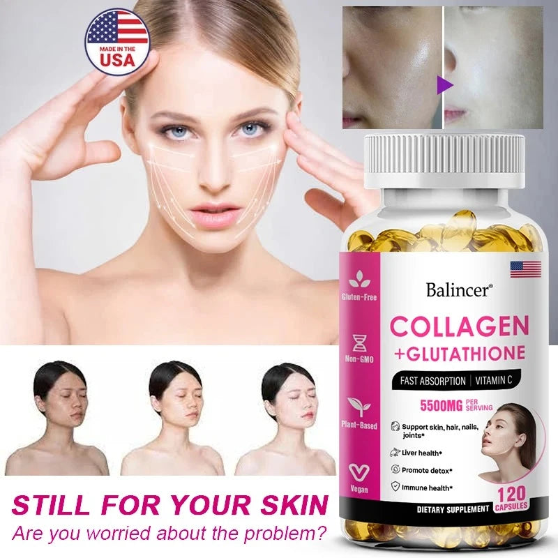 Bcuelov Glutathione & Collagen Supplement – Antioxidant Whitening Capsules for Skin Health, Hair, Nails & Anti-Aging | 30/60/120 Count