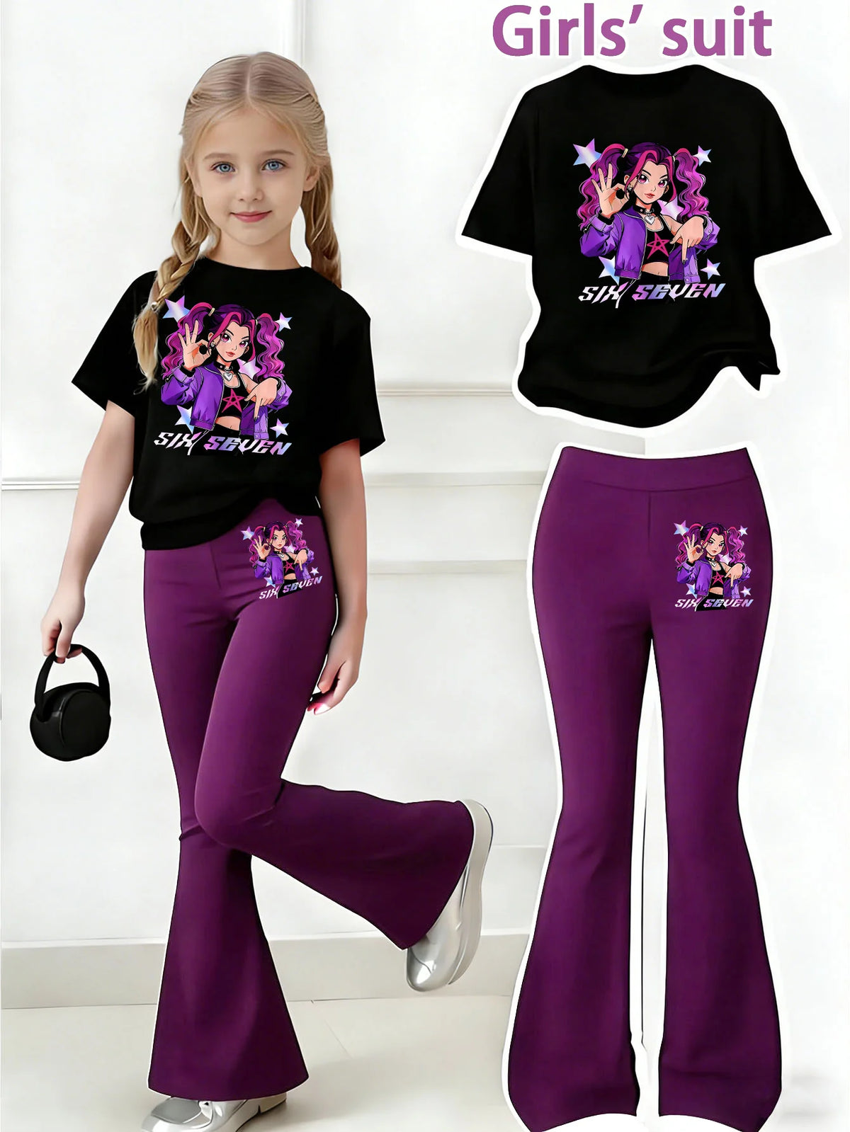 Girls' Summer Casual Outfit: Black Round-Neck Short-Sleeve Top + Purple Flared Long Pants Two-Piece Set with Anime Girl + "Six Seven" English Print, Suitable for Girls Aged 4-12, Versatile Clothing for Home and Outings